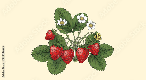 Vintage botanical illustration of a strawberry plant with ripe red berries white flowers and detailed green leaves.