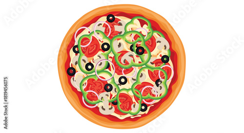 Top-down view of a delicious vegetarian pizza loaded with fresh toppings like peppers mushrooms onions and olives.