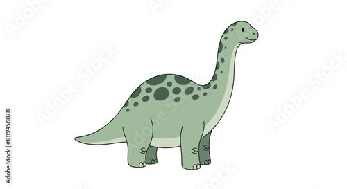 Cute and simple cartoon illustration of a friendly green brachiosaurus dinosaur standing on a plain white background.