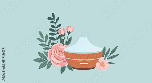 Aesthetic illustration of a wooden aromatherapy diffuser surrounded by beautiful pink roses and lush green leaves.