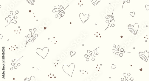 Minimalist and romantic seamless pattern with hand-drawn hearts and delicate berry branches on a light cream background.