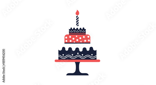 Festive three-tiered birthday cake illustration with colorful layers polka dots and a single lit candle on top for celebrations.
