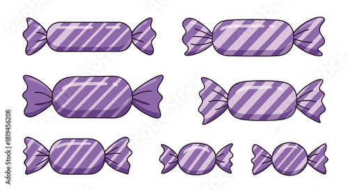 Vector illustration set of assorted purple striped hard candies in twisted wrappers shown in various shapes and sizes for treats.