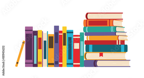 Colorful vector illustration of various books arranged in a neat row and a tall stack representing education and knowledge.
