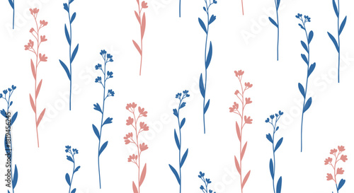 Delicate seamless vector pattern of minimalist blue and pink wildflowers on a white background for a gentle floral texture.