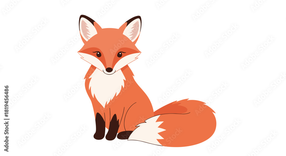 Obraz premium Adorable cartoon red fox with a bushy tail and friendly expression sitting gracefully on a clean white background.