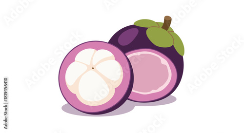 A simple flat vector illustration of a tropical mangosteen fruit showing one whole and one cut in half to reveal the flesh.