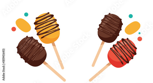 A fun and delicious set of colorful cake pops on sticks decorated with drizzled chocolate in a playful vector illustration.