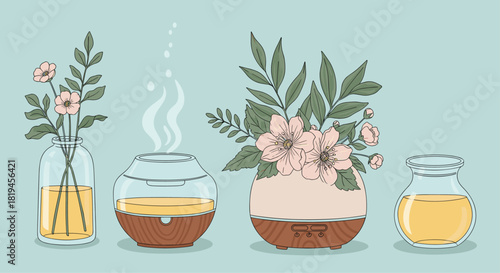 A calming set of aromatherapy illustrations including an essential oil diffuser flowers in a vase and bottles of fragrant oil.