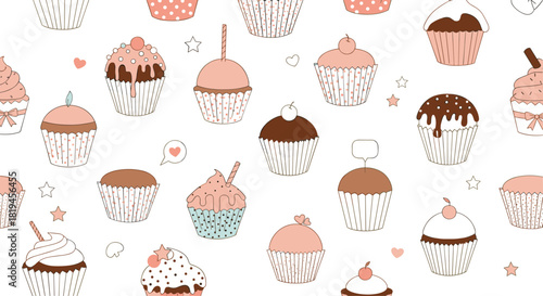 A cute and sweet seamless doodle pattern of various hand-drawn cupcakes with different toppings and decorations on white.