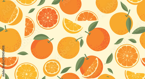 A bright and cheerful seamless fruit pattern featuring whole oranges citrus slices and green leaves on a pale yellow background.
