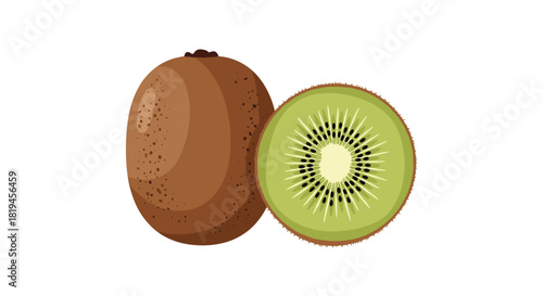 A fresh whole brown kiwi fruit next to a vibrant green half slice showing black seeds in a simple vector illustration.