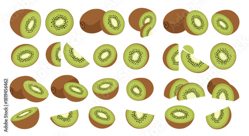 A large and comprehensive set of fresh kiwi fruit vector illustrations showing whole halves slices and various cut pieces.
