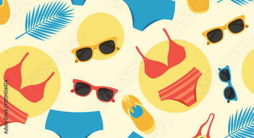 Bright and colorful seamless summer pattern featuring bikinis sunglasses and palm leaves for a fun vacation vibe design.