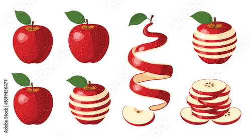Vibrant set of red apple illustrations showing whole fruits peeled versions and sliced pieces for healthy eating concepts.