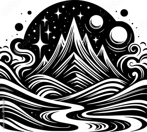 Cosmic Mountain Serenity: An artistic depiction of majestic mountain peaks against a celestial canvas. The scene evokes a sense of tranquility, harmony, and the sublime grandeur of the universe. 