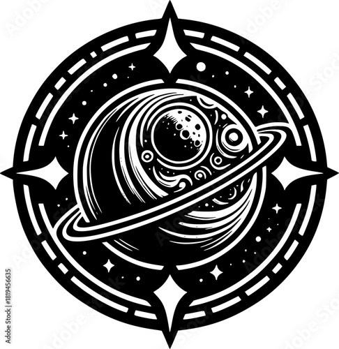Celestial Emblem: Intricate illustration of a celestial body with rings, stars, and cosmic elements, symbolising space, science, and the universe.