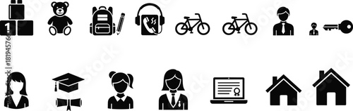 Silhouette Vector Icons Representing Education Journey from Early Childhood to Graduation, Career, and Online Learning Stages