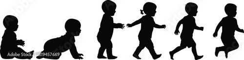 Silhouette Vector Illustrating Baby Development Stages from Sitting and Crawling to Standing, Walking, and Running Progression