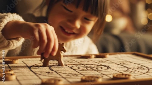 Young asian child playing with a wooden horse chess piece on a traditional board game in cozy warm light for intellectual development concept, Sollal