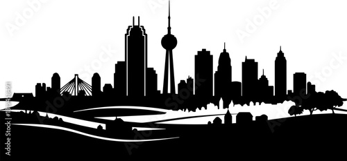 Quadro su tela Stunning black silhouette of modern city skyline, vector design perfect for trav