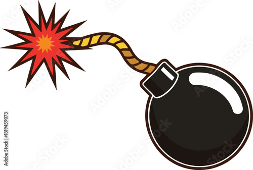 Cartoon bomb illustration, lit fuse, explosive icon, round black body, danger symbol, comic-style flame, urgency concept, warning graphic design