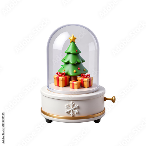 Glass dome Christmas music box with tree, 3D Icon – Glossy Minimal Emoji Style, Isolated PNG object