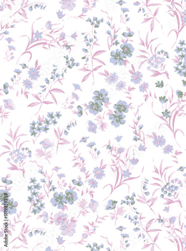 Romantic floral print with wildflowers sketch. Seamless pattern, gentle botanical background with various small flowers. Vector illustration.