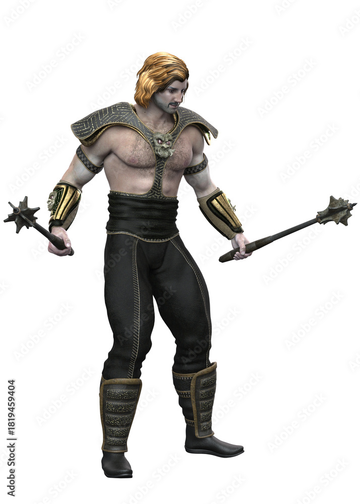 Obraz premium Warrior stands wielding spiked maces in both hands. He wears detailed armor on shoulders, forearms, and legs, with a muscular build and long, embodying strength and combat readiness. 3D Illustration