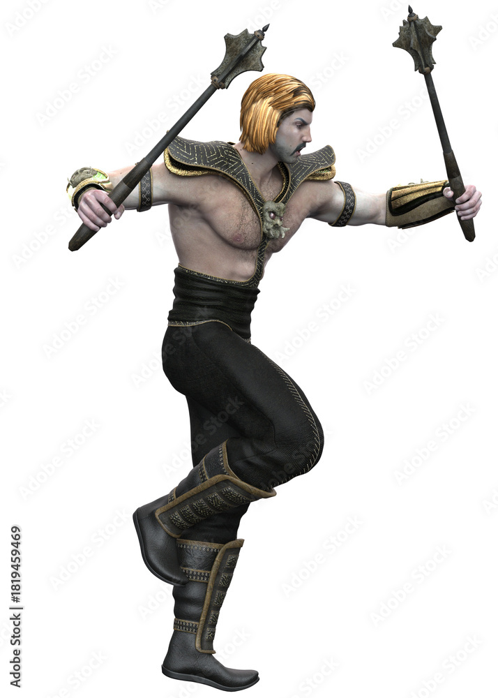 Fototapeta premium Warrior stands wielding spiked maces in both hands. He wears detailed armor on shoulders, forearms, and legs, with a muscular build and long, embodying strength and combat readiness. 3D Illustration