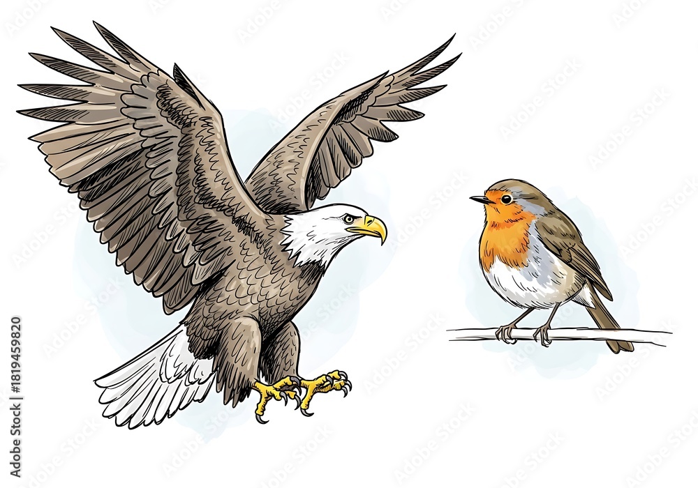 Obraz premium Majestic eagle landing near a small robin perched on a branch