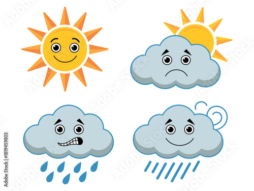 Four cartoon weather icons including sun and clouds with rain