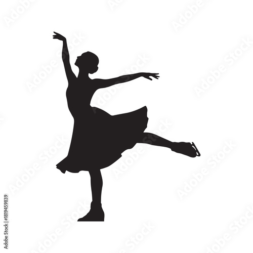 Black silhouette of a female figure skater executing an elegant spin or pose.