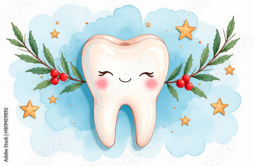 A happy tooth on a blue watercolor background with branches and berries. Postcard, greeting