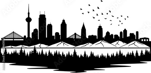 Modern city skyline silhouette overlooking tranquil mountain landscape and dense pine forest creating a striking urban nature contrast