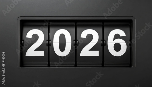 Black mechanical flip clock displays year 2026, symbolizing passage of time and future anticipation. design is sleek and modern, evoking sense of countdown and change
