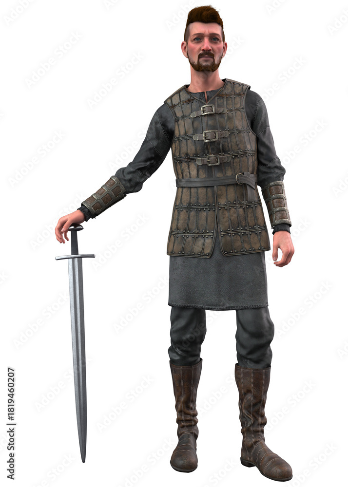 Fototapeta premium 3D rendered image of a medieval warrior wearing detailed leather armor and boots, holding a sword in one hand. Strong stance reflects strength, courage, and readiness for historical combat scenes.