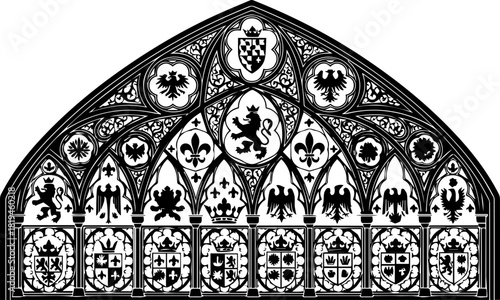 Intricate Gothic architectural tracery featuring heraldic crests and stylized emblems, evoking historical grandeur and noble lineage for premium design projects.