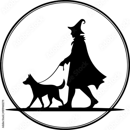 Mystical figure in a witch hat walking a dog on a leash with a whimsical circular frame