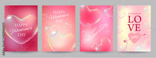 Elegant vector set of four Valentine s Day banners with romantic English phrases and iridescent soap-bubble hearts. Shimmering highlights and soft gradients create a dreamy, festive style for holiday 