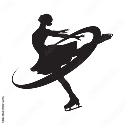 Black silhouette of a female figure skater executing an elegant spin or pose.