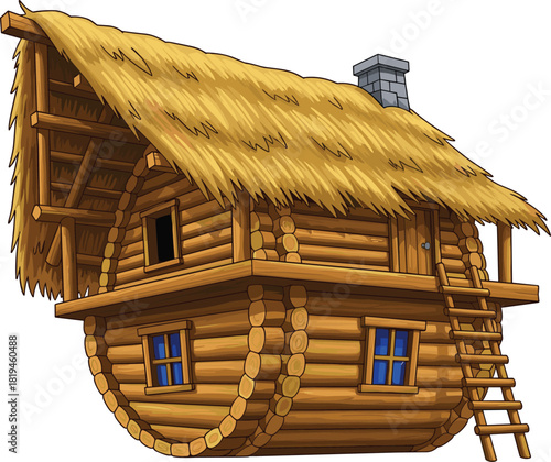 Cartoon log house, barrel shape, thatched roof, fantasy architecture, stone chimney, blue windows, ladder access, rustic design, vector art, white background