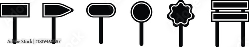 Road Sign Black Flat Style Icon Set Collection Group with Various Blank Direction Board Shapes and Synonym Design Elements for Navigation, Guidance, Street Signal Vector