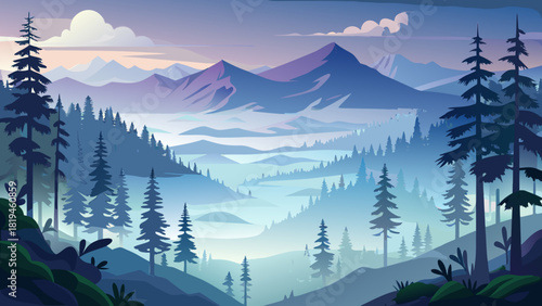 Very beautiful misty forest view from Larch Mountain in Oregon, USA, with fog gently covering dense evergreen trees, creating a serene, mystical Pacific Northwest atmosphere.