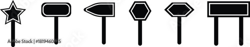 Road Sign Black Flat Style Icon Set Collection Group with Various Blank Direction Board Shapes and Synonym Design Elements for Navigation, Guidance, Street Signal Vector
