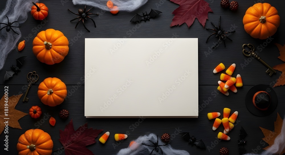 Fototapeta premium Halloween flat lay with festive decorations and blank paper for seasonal message.