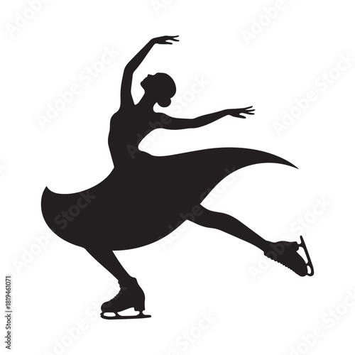 Black silhouette of a female figure skater executing an elegant spin or pose.
