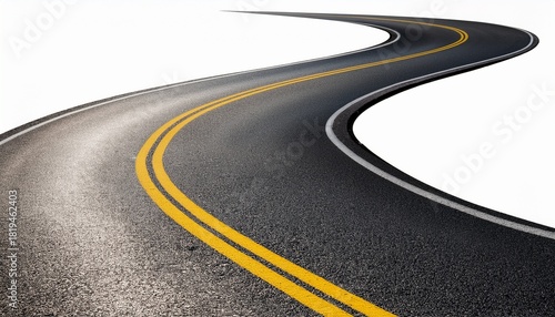 curved asphalt road with double yellow lines isolated on transparent cutout background