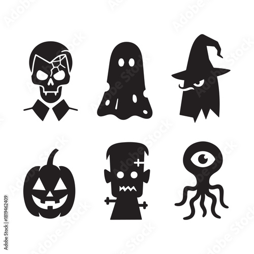 Collection of spooky Halloween character icons including monsters and a pumpkin. 