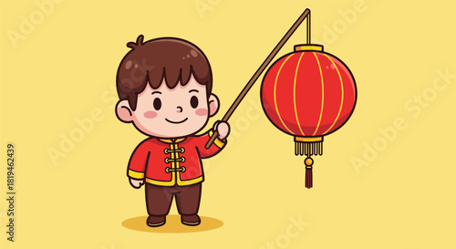 Adorable cartoon boy in traditional Chinese attire holding a festive red lantern.